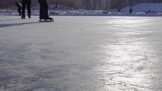 冬季冬天冰面冰场滑冰速滑的老人遛狗 含声