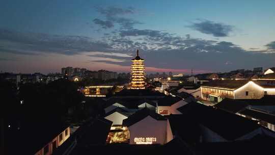 航拍上海松江泗泾古镇夜景