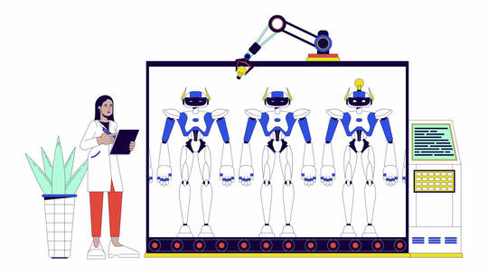 机器人生产线卡通动画女工程师
