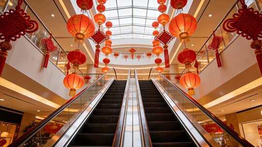 商场内悬挂灯笼的自动扶梯