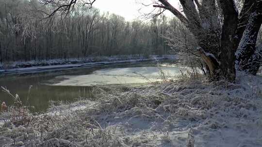 银装素裹的森林中一大块浮冰从河流流过