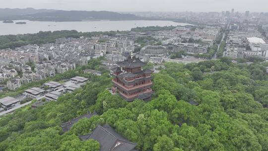 航拍中国浙江杭州西湖雨天城隍阁