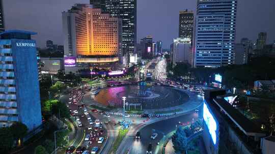 印尼雅加达城市密集的高楼群夜景航拍风光