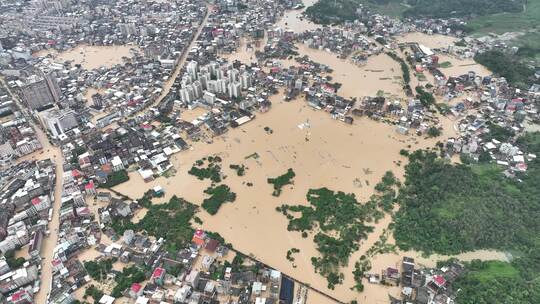 城镇洪水淹没航拍山洪水灾自然灾害极端天气视频素材模板下载