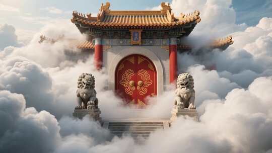 云端中式古建筑门场景