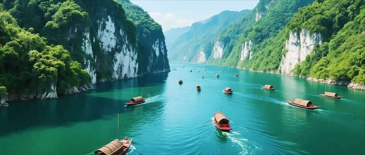 江上行驶的传统船只自然风光