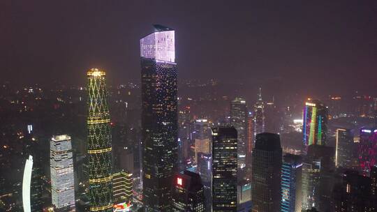 广州市中心花城汇暴雨航拍夜景高楼大厦