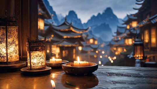 国风古镇夜景烛光禅意灯笼夜色大屏舞台背景