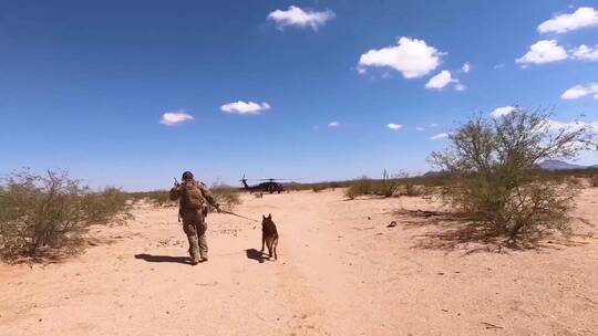 士兵牵着猎犬跑向直升机
