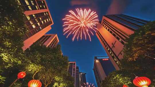 万家灯火夜景小区除夕夜放烟花