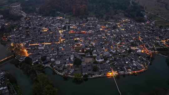 安徽黄山宏村徽派建筑群秋色日落夜景航拍