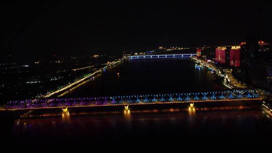 湖北襄阳汉江大桥夜景灯光航拍