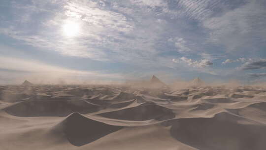 沙漠沙丘与金字塔形状的山脉，空中
