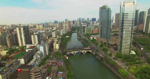 航拍成都城市九眼桥廊桥锦江风景