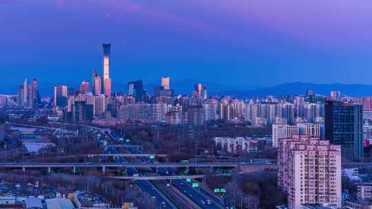 北京国贸CBD夜转日城市建筑群全景