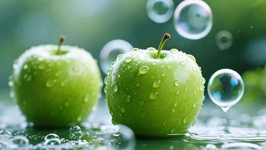 带水珠气泡的青苹果特写