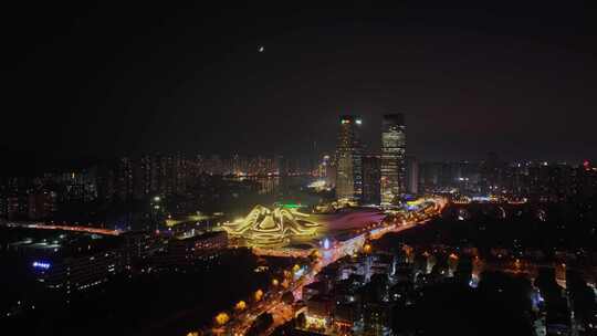 湖南长沙梅溪湖城市夜景航拍风光