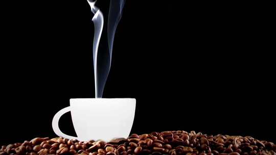 黑色背景前咖啡豆上一杯冒着白汽的热咖啡