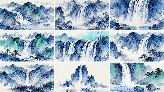 水墨山水瀑布意境 中国风山水画卷