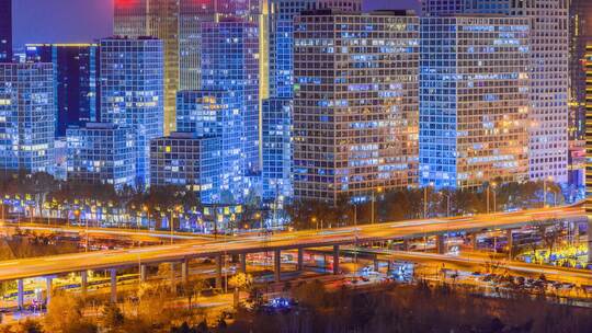 北京国贸城市夜景与车流延时