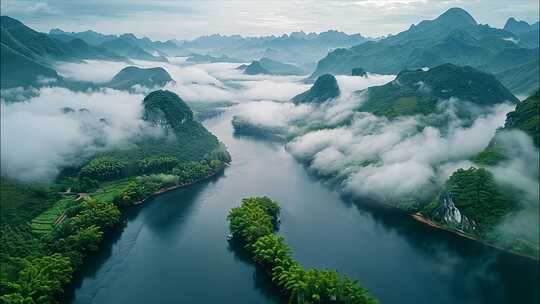 广西桂林山水风光风景航拍日出云海日落宣传