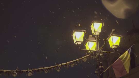 特写下雪城市夜晚的路灯