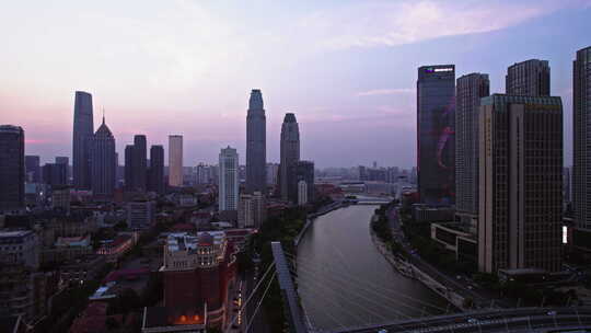 天津海河建筑风景线日落城市风光航拍