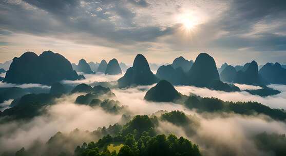 桂林山水合集山峰云海群山云雾缭绕自然风景