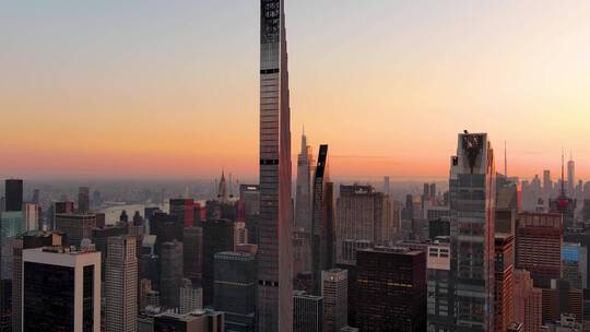 4K城市航拍纽约曼哈顿摩天大楼夜景日落晚霞