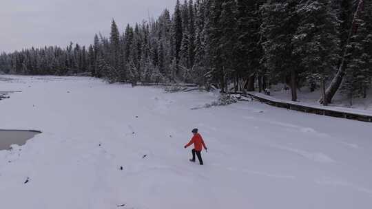 航拍男人艰难地走在新疆喀纳斯河边的雪地里