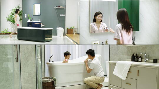 温馨家庭洗漱洗澡卫浴健康生活方式视频素材模板下载