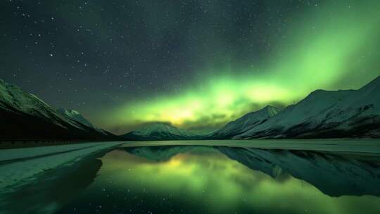 夜晚雪山极光湖面景象