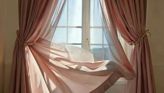 室内飘动的粉色窗帘