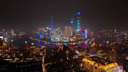航拍上海浦东新区外滩城市建筑夜景风光