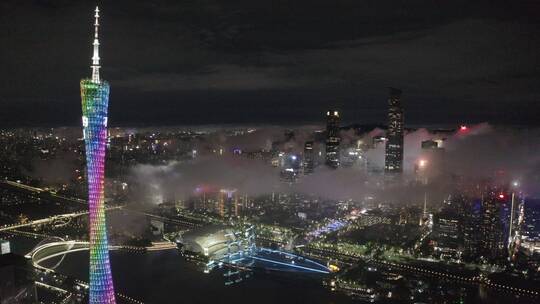 广州市中心花城汇暴雨航拍夜景高楼大厦