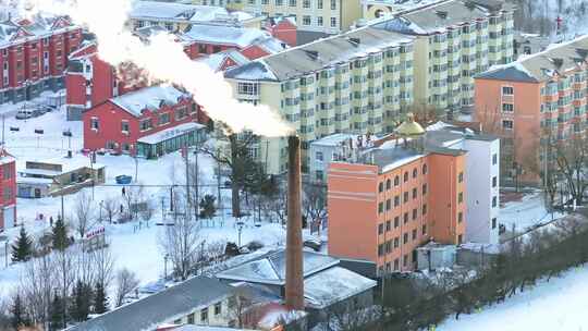 中国黑龙江冬季横道河子东北小镇雪乡航拍