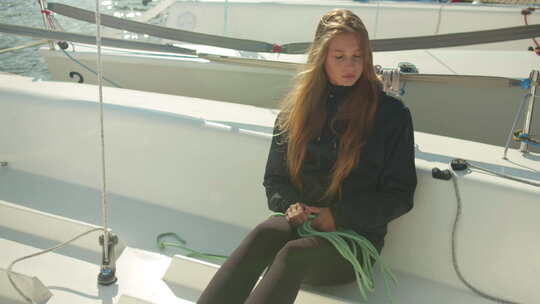 一个长发女孩坐在白色运动游艇的甲板上，解开绳子准备船