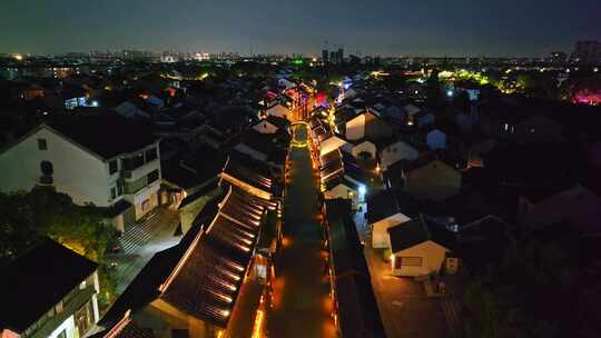 航拍苏州甪直古镇江南文化园夜景灯光秀