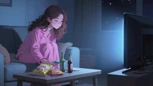 居家女子深夜看电视玩手机