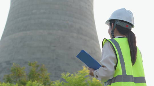 中国人女工程师戴建筑头盔工作记录