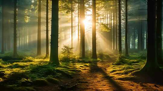 日落黄昏的森林唯美光影 逆光树林迷人光线