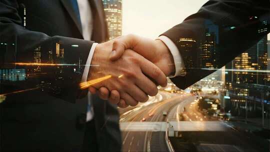 商务合作握手震撼城市科技感概念视频