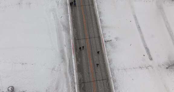 航拍雪中行人行走在积雪覆盖的道路上