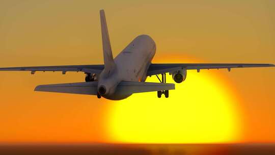 夕阳下起飞的民航飞机视频素材模板下载