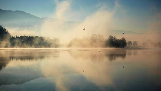 早晨云雾缭绕的湖面