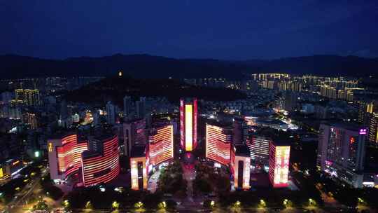 福建龙岩城市夜幕降临晚霞夜景灯光航拍