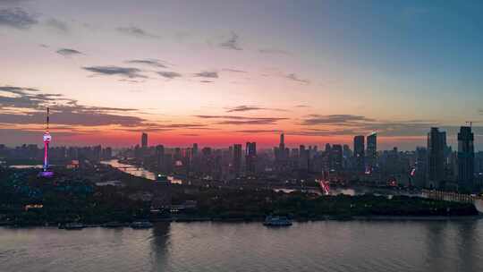 湖北武汉晚霞夜景航拍延时