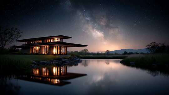 星空下的湖畔住宅宁静而美好