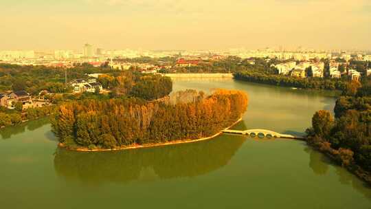 中国青州南阳湖秋天，城市公园风光航拍