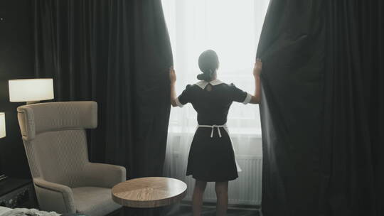 酒店保洁拉上窗帘